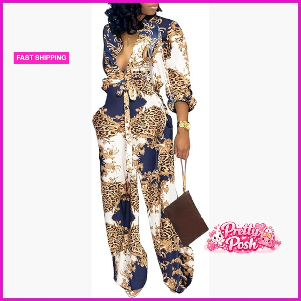 Polyester Jumpsuit with Belt Pockets for Formal Business Party
